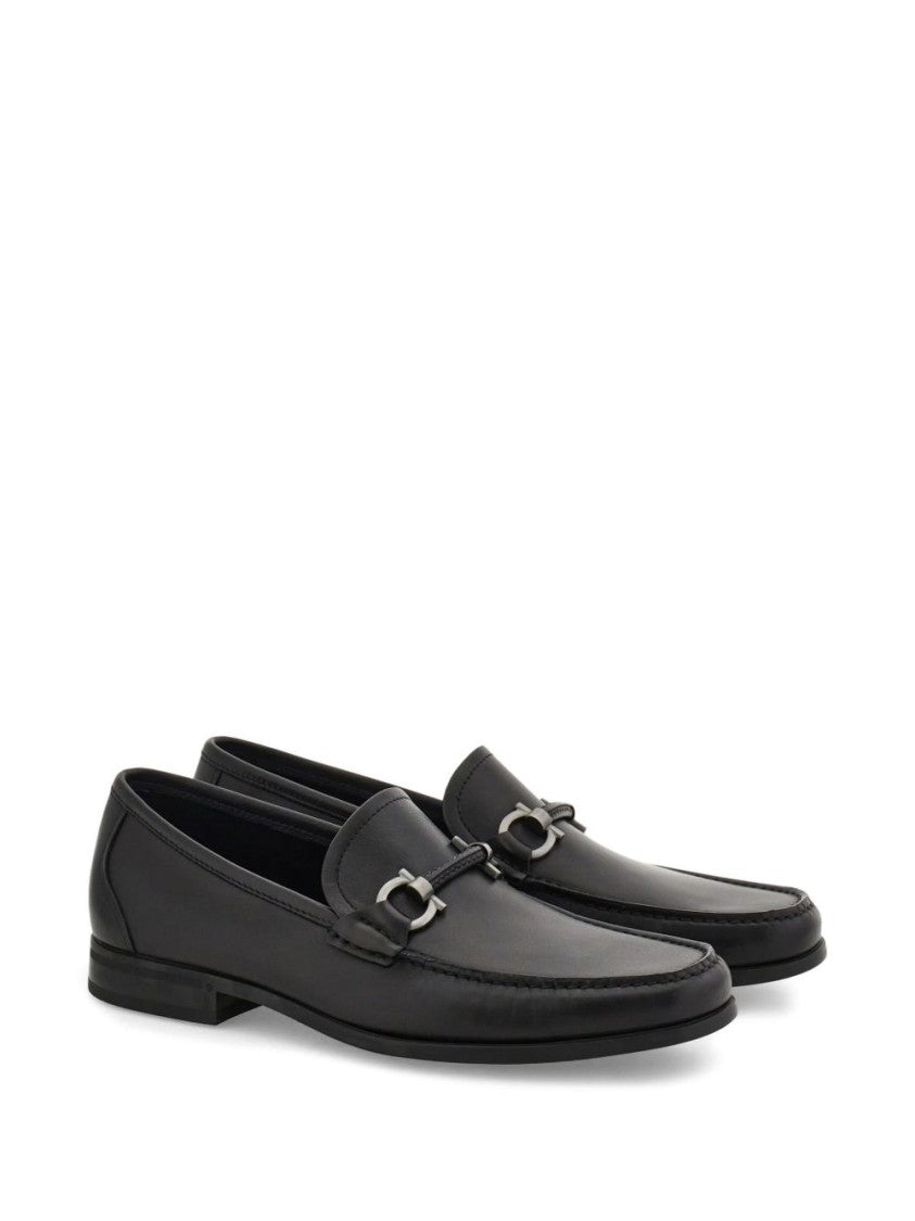 Ferragamo Black Gancini Ornament Calf Leather Loafers