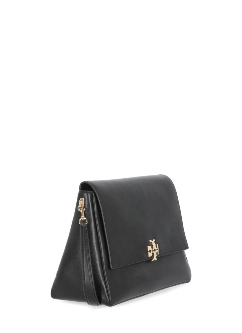Tory Burch Black Trapezoidal Gold Logo Leather Shoulder Bag