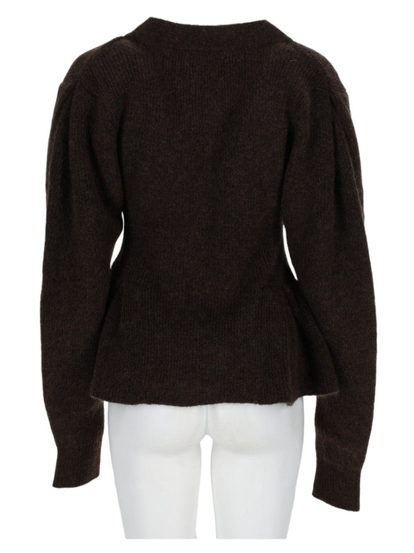 Rotate Deep V-Neck Brown Knit Sweater With Flared Hem