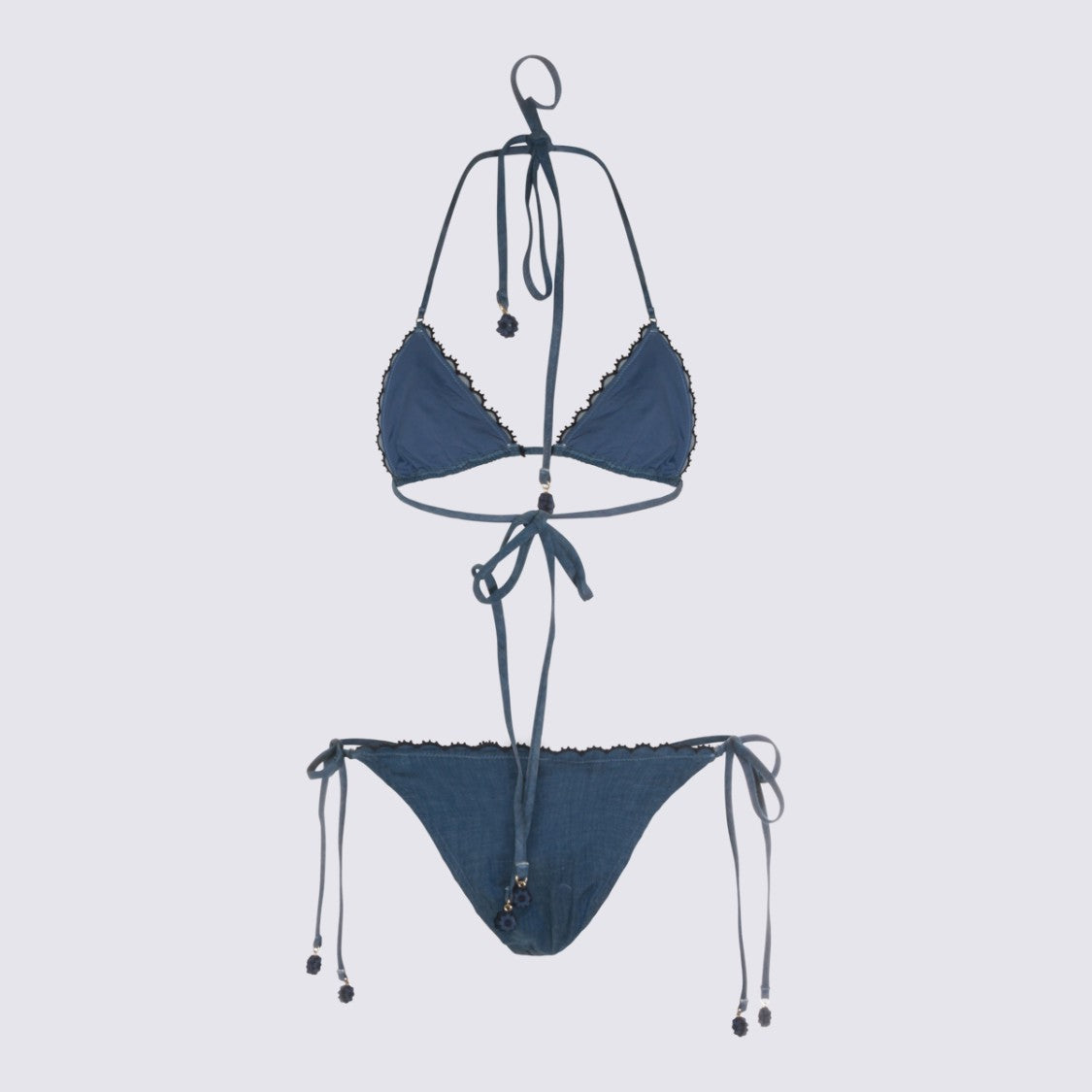 Zimmermann Intricately Embroidered Denim-Like Bikini Set With Scalloped Edges