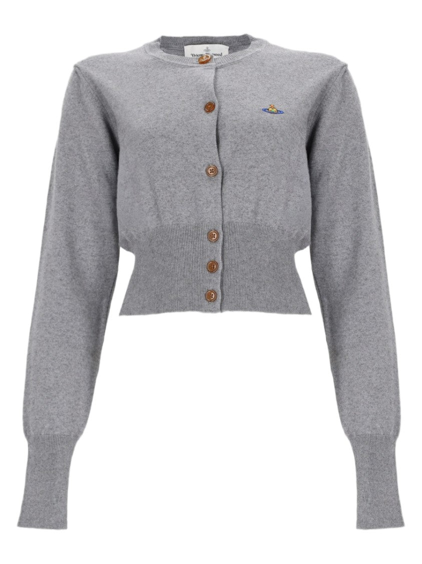 Vivienne Westwood Cropped Grey Cardigan With Ribbed Cuffs And Embroidered Emblem