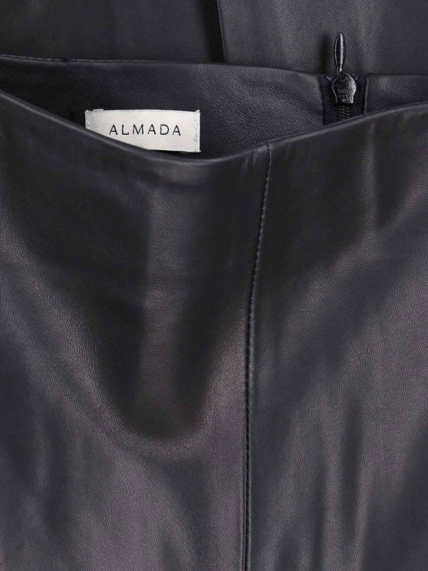 Almada Fitted Black Leather Midi Skirt With Back Zip Closure