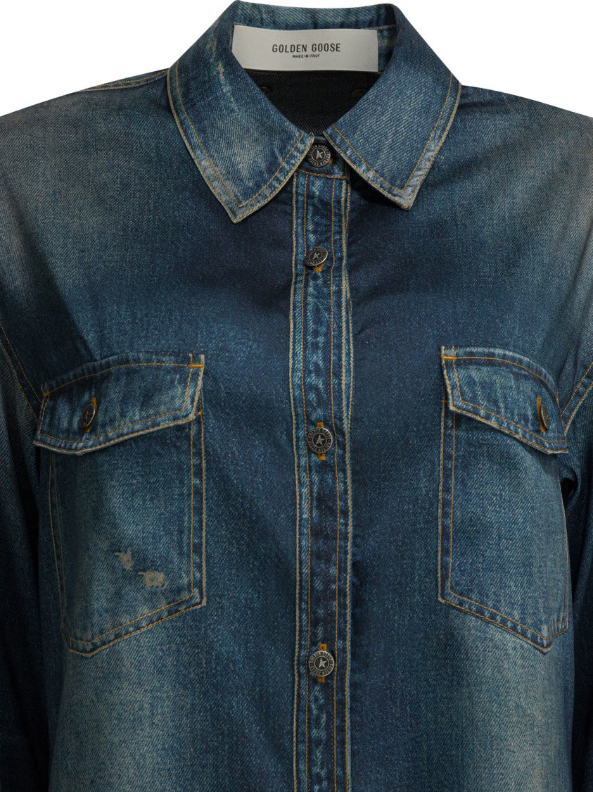 Golden Goose Denim-Style Jacket With Button-Down Front And Vintage Wash