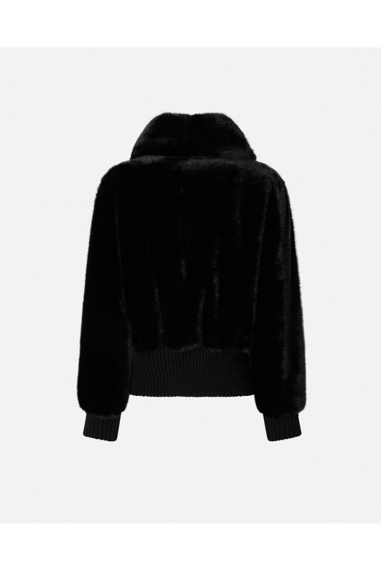 Pinko Black Polyester Faux Fur Hooded Bomber Jacket