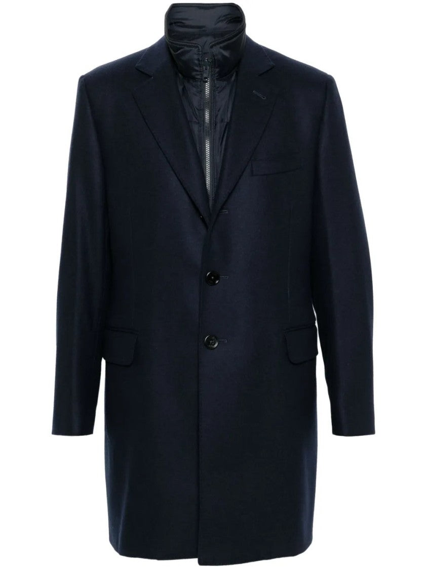 Fay Tailored Blue Layered Coat With Structured Lapel And Flap Pockets