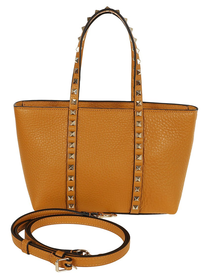 Valentino Brown Grained Calfskin Small Rockstud Shopping Bag