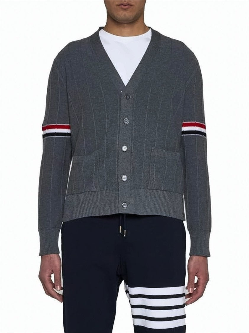 Thom Browne Grey Wool Cardigan With V-Neck And Iconic Striped Accents