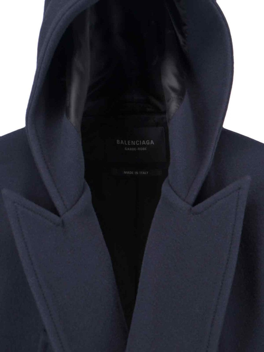 Balenciaga Navy Blue Hooded Wool Coat With Oversized Lapels