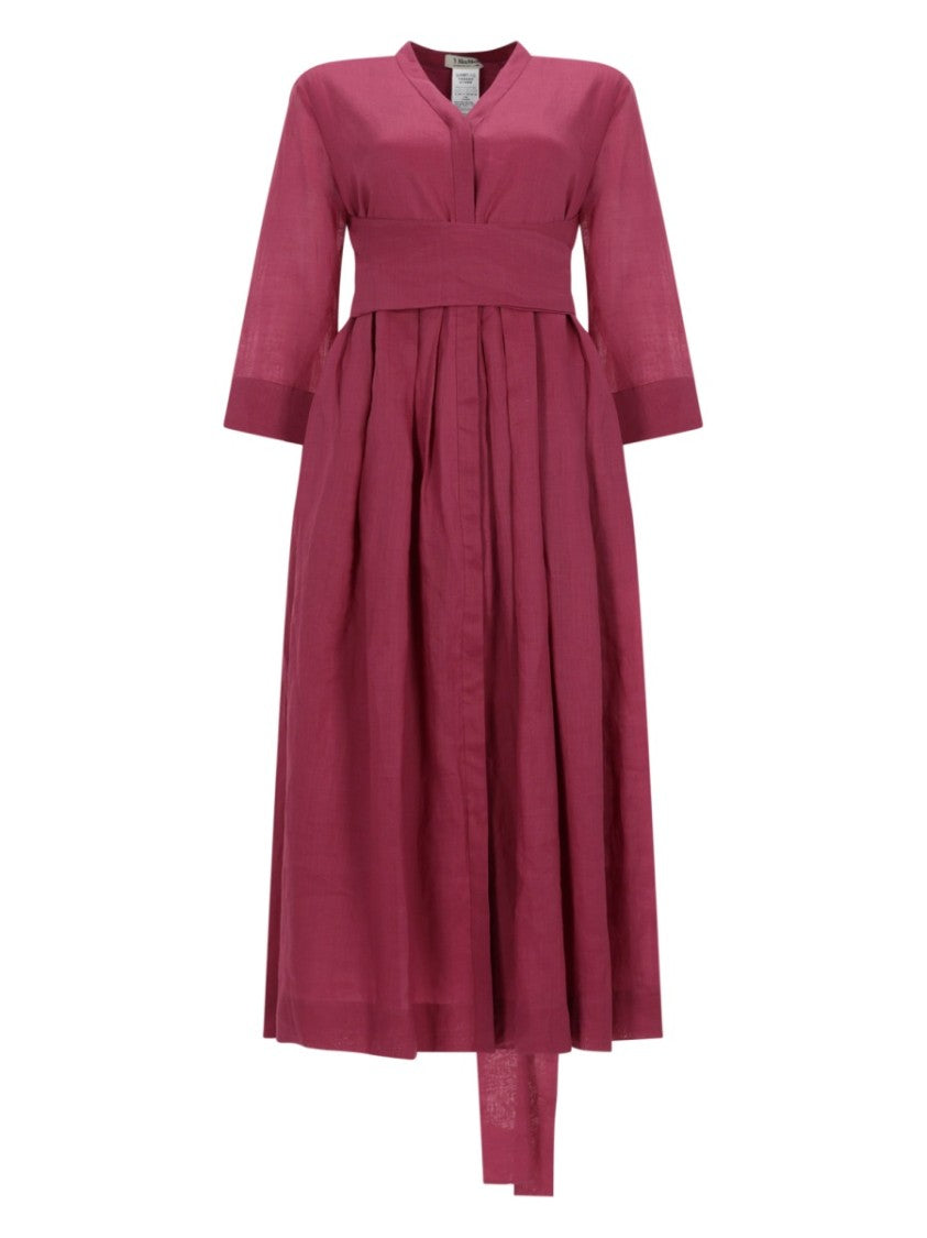 Max Mara Burgundy Midi Dress With Deep V-Neckline And Pleated Skirt