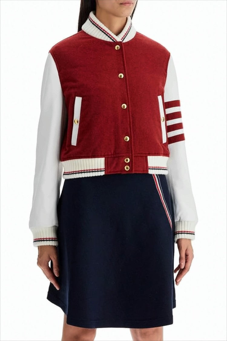 Thom Browne Cropped Varsity Jacket In Rich Red With Contrast Leather Sleeves