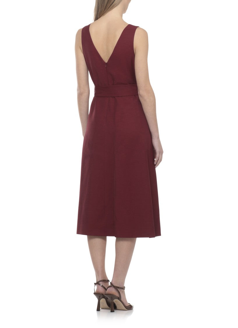 Parosh Bordeaux Viscose And Linen Midi Dress With Matching Belt