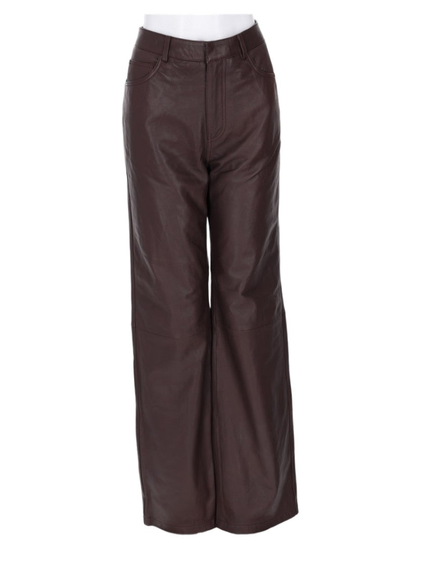 Rotate Wide Leg Brown Lamb Leather Trousers With High Waist Design
