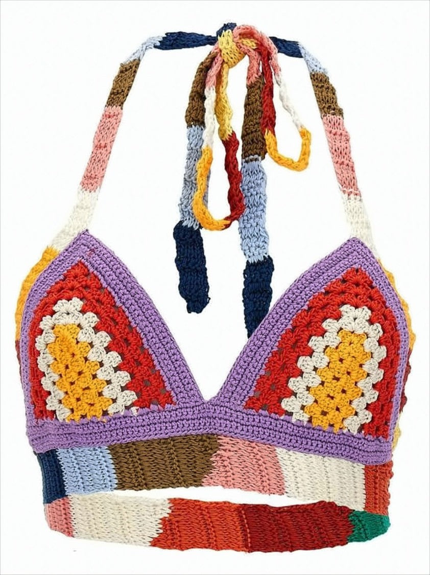 Marni Colorful Crochet Bralette With Halter Neck Tie And Striped Underbust Band