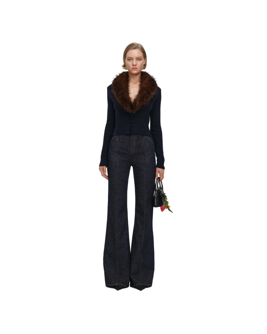 Self-Portrait Cropped Faux Fur Collar Knit Cardigan