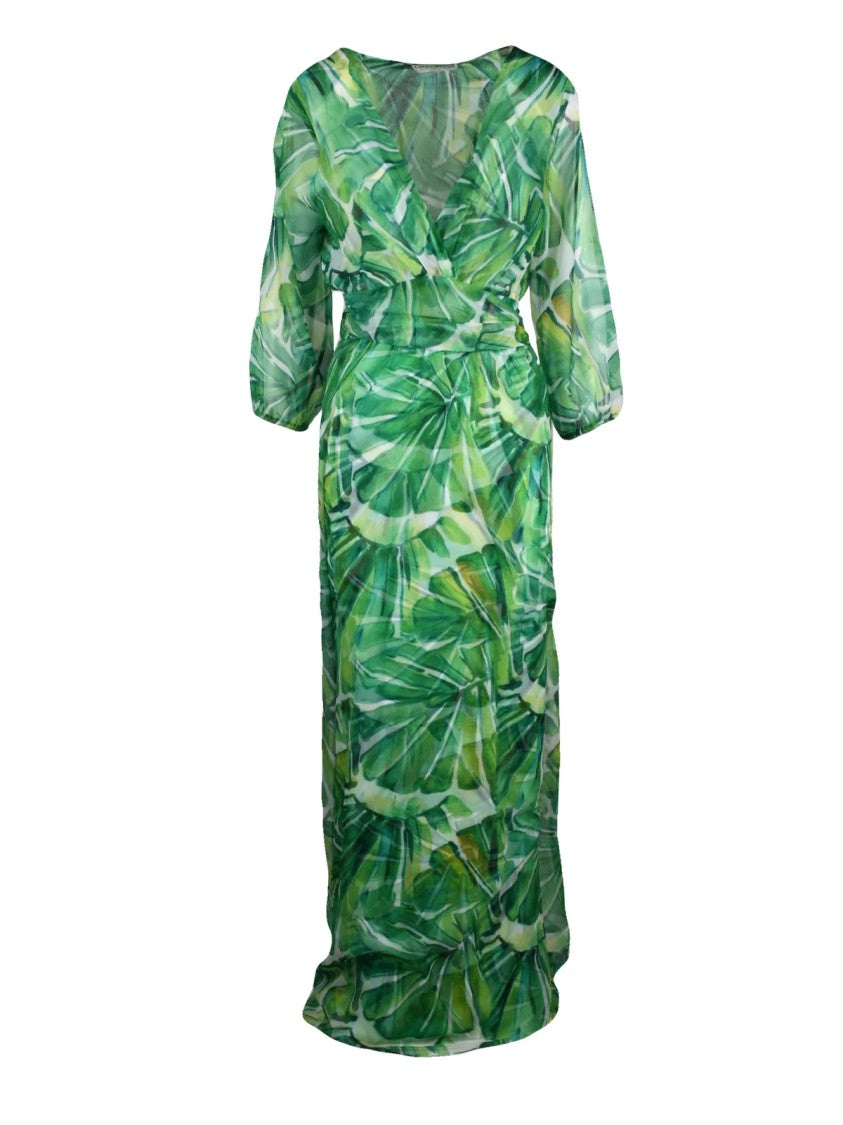 Chiara Boni Green/White Toki Leaf Pattern Chiffon Dress