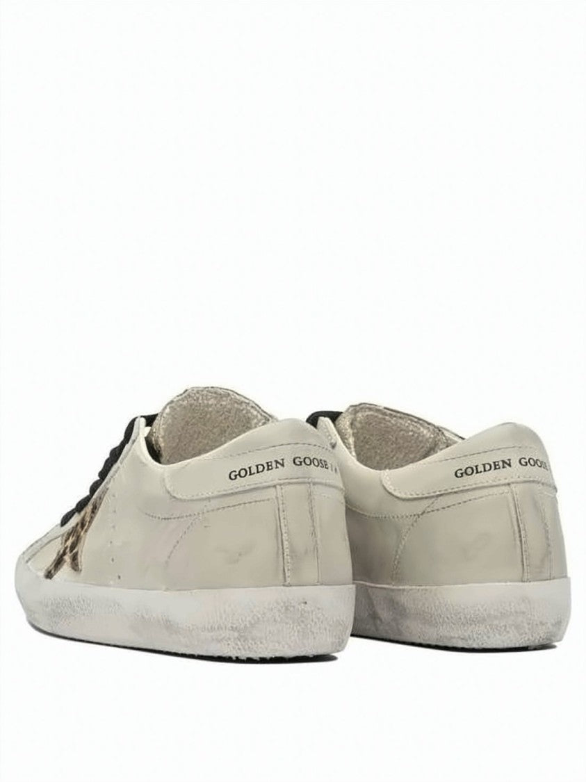 Golden Goose Distressed White Leather Sneakers With Leopard Print Star Detail