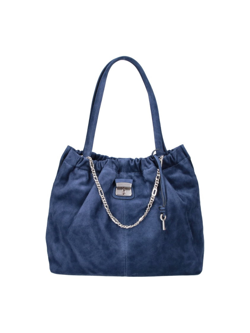 Marc Jacobs Elegant Deep Blue Calf Suede Tote Bag With Silver Hardware