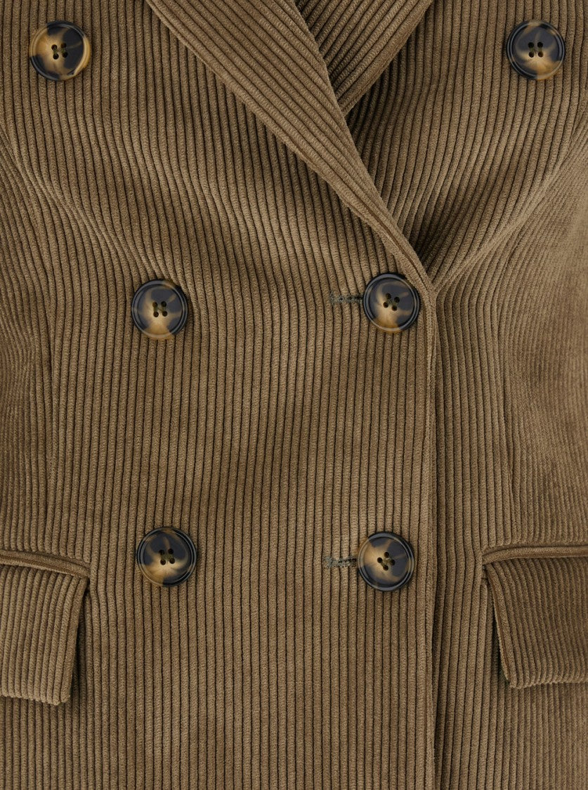 Plain Double Breasted Blazer Ribbed Velvet