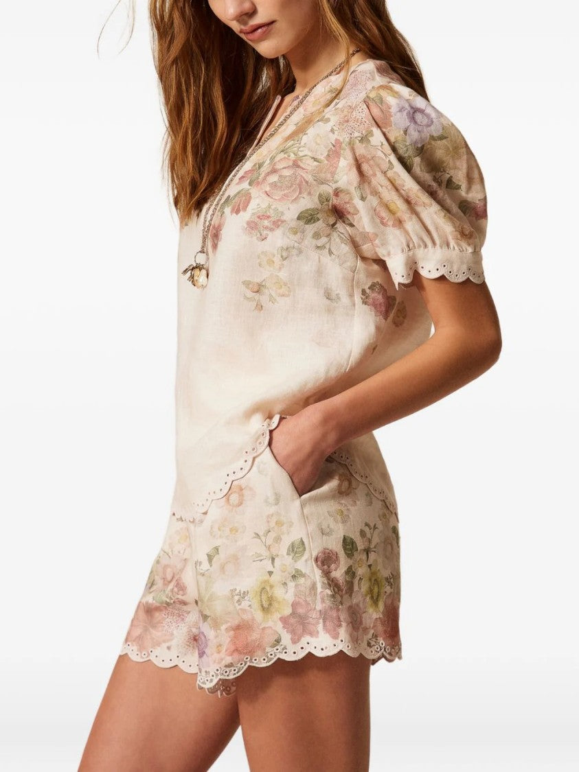 Twin-Set Short-Sleeved Floral Print Top With Scalloped Details