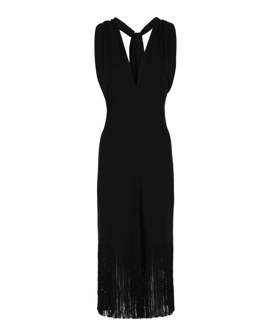 Ferragamo Plunging Neckline Fringe-Hem Midi Dress With Knotted Back Closure