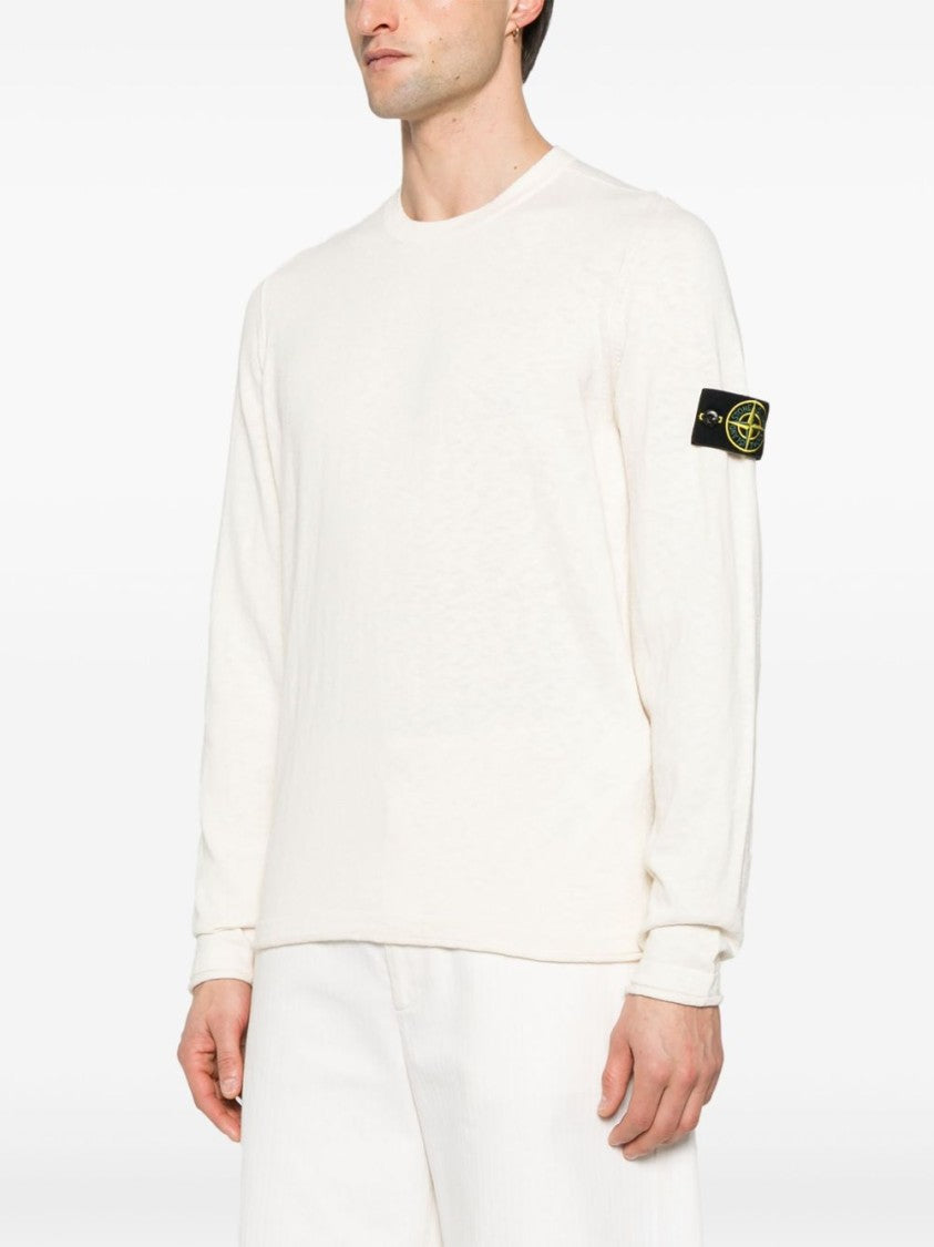 Stone Island Ivory Textured Knit Sweater With Signature Patch