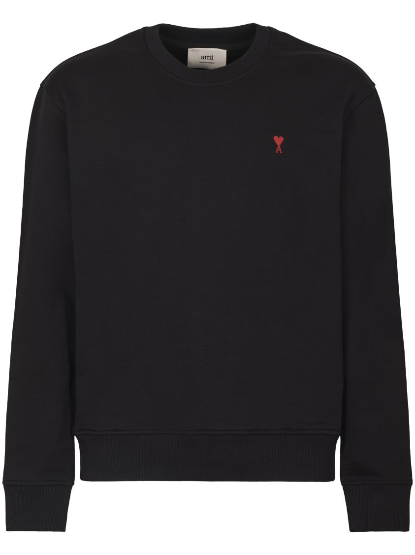 Ami Crew Neck Black Sweater With Heart Logo Detail