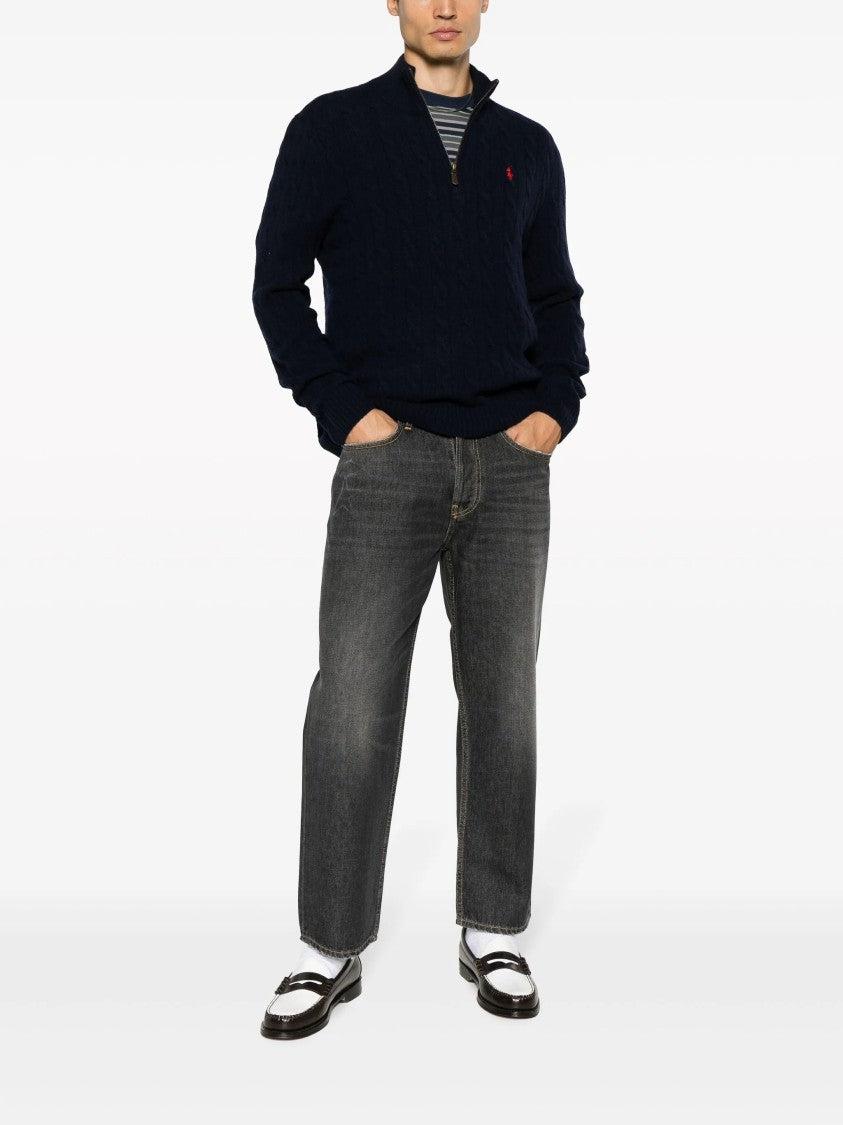 Polo Ralph Lauren Cable Knit Half-Zip Pullover With Leather Tab Detail