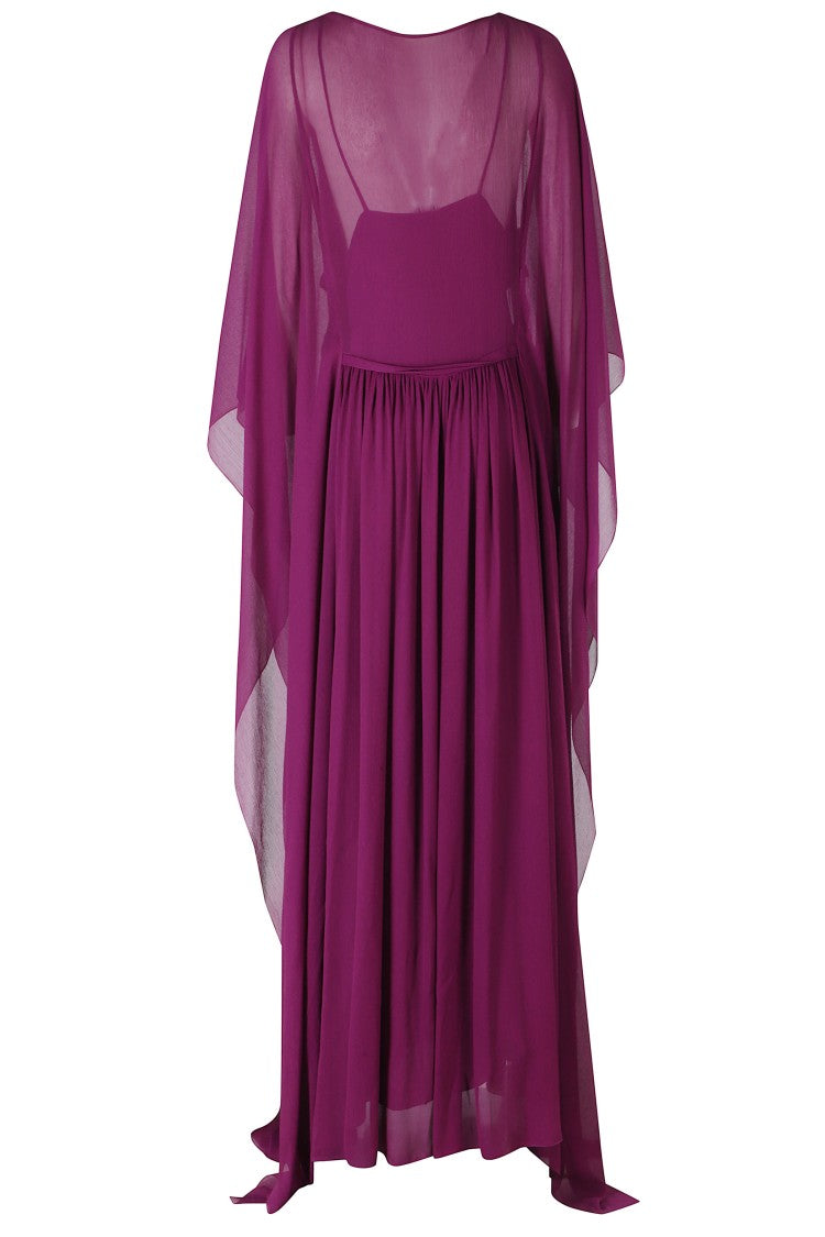 Alberta Ferretti Viola Creponne Flutter Sleeve V-Neck Silk Maxi Dress