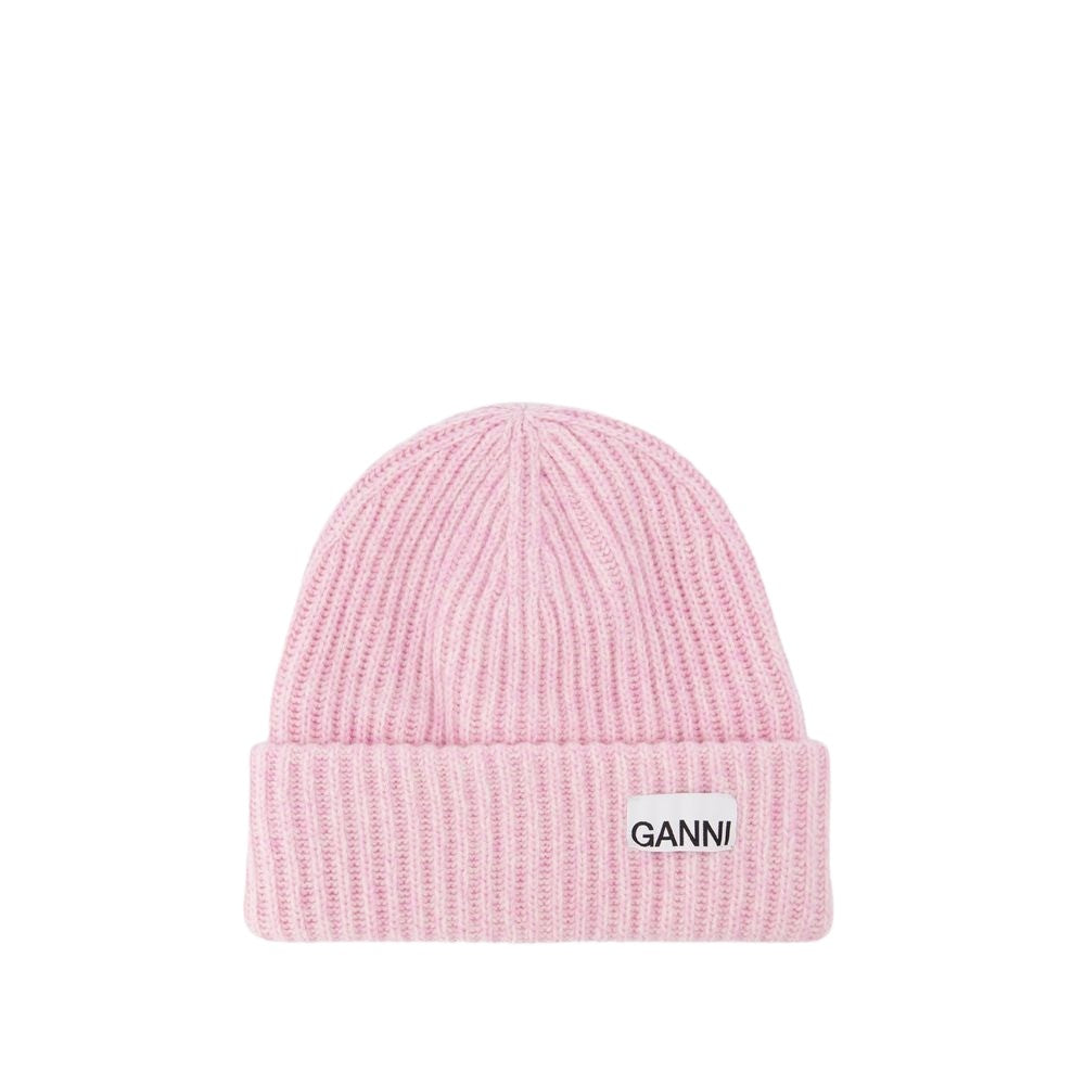 Ganni Ribbed Beanie Hat In Pink Recycled Wool/Poly