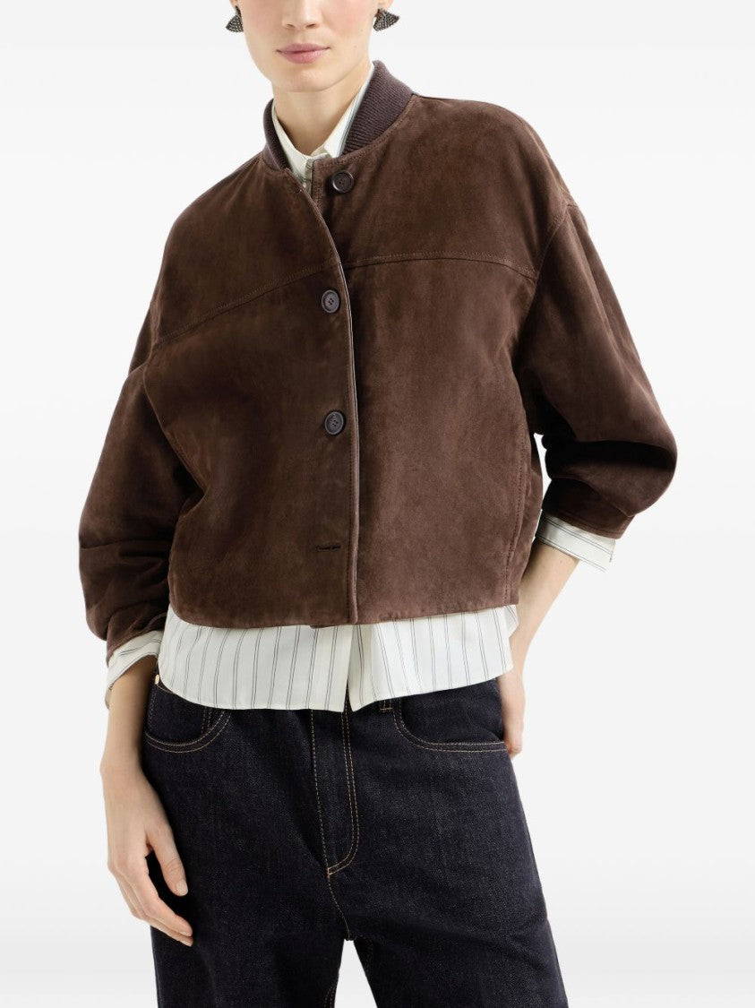 Brunello Cucinelli Brown Cropped Boxy Lamb Suede Jacket