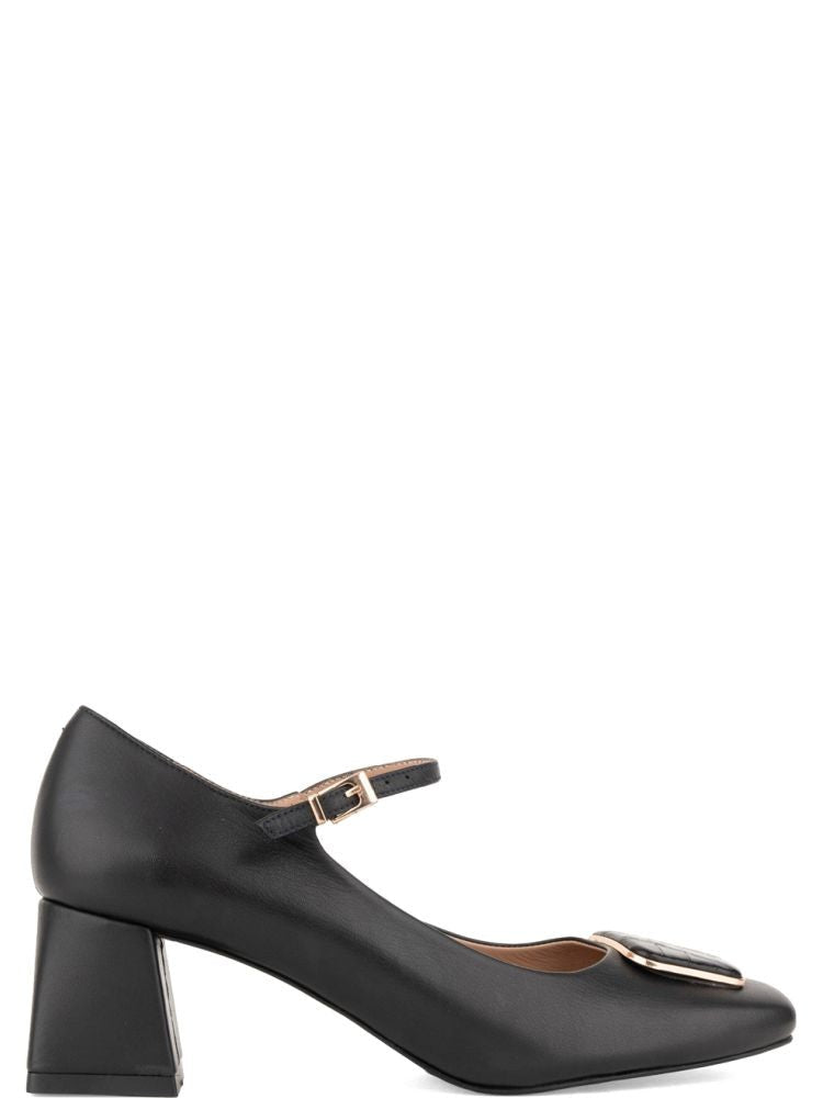 Sergio Moretti Black Closed-Toe Ankle Strap Leather Low-Heel Pumps