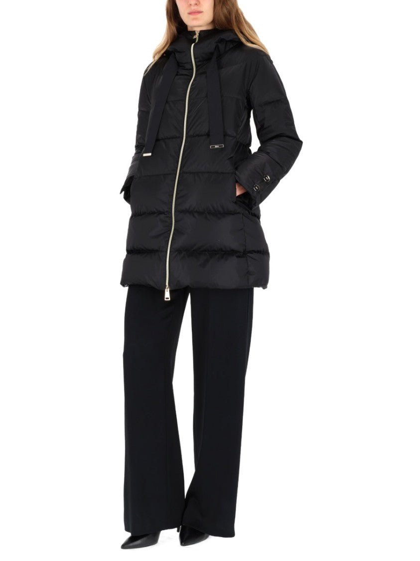 Herno Horizontal Quilted Black Puffer Coat With High Collar And Drawstrings