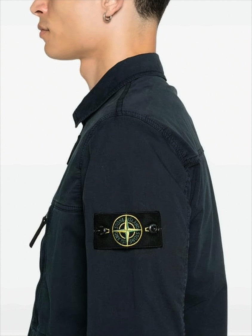 Stone Island Long-Sleeve Black Casual Shirt With Zip Pocket And Patch Logo
