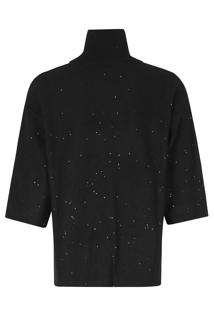 Seventy Black Sequined Side Slits Polyester-Blend Turtleneck