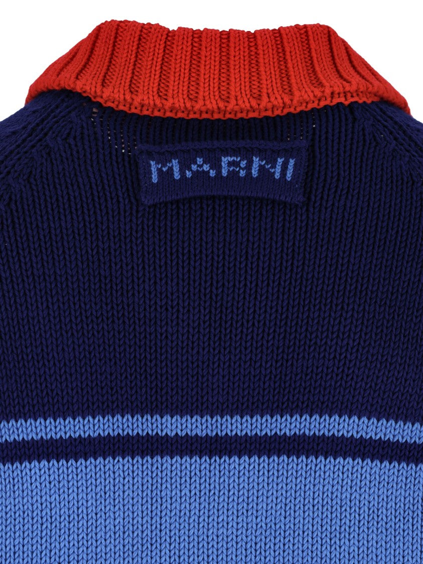 Marni Contrasting Classic Collar Blue Cotton Cardigan By Marni