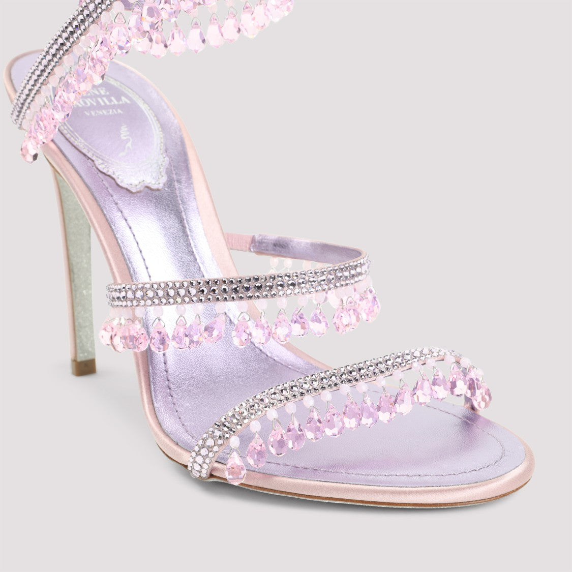 René Caovilla Lilac Satin Chandelier Leather Sandals