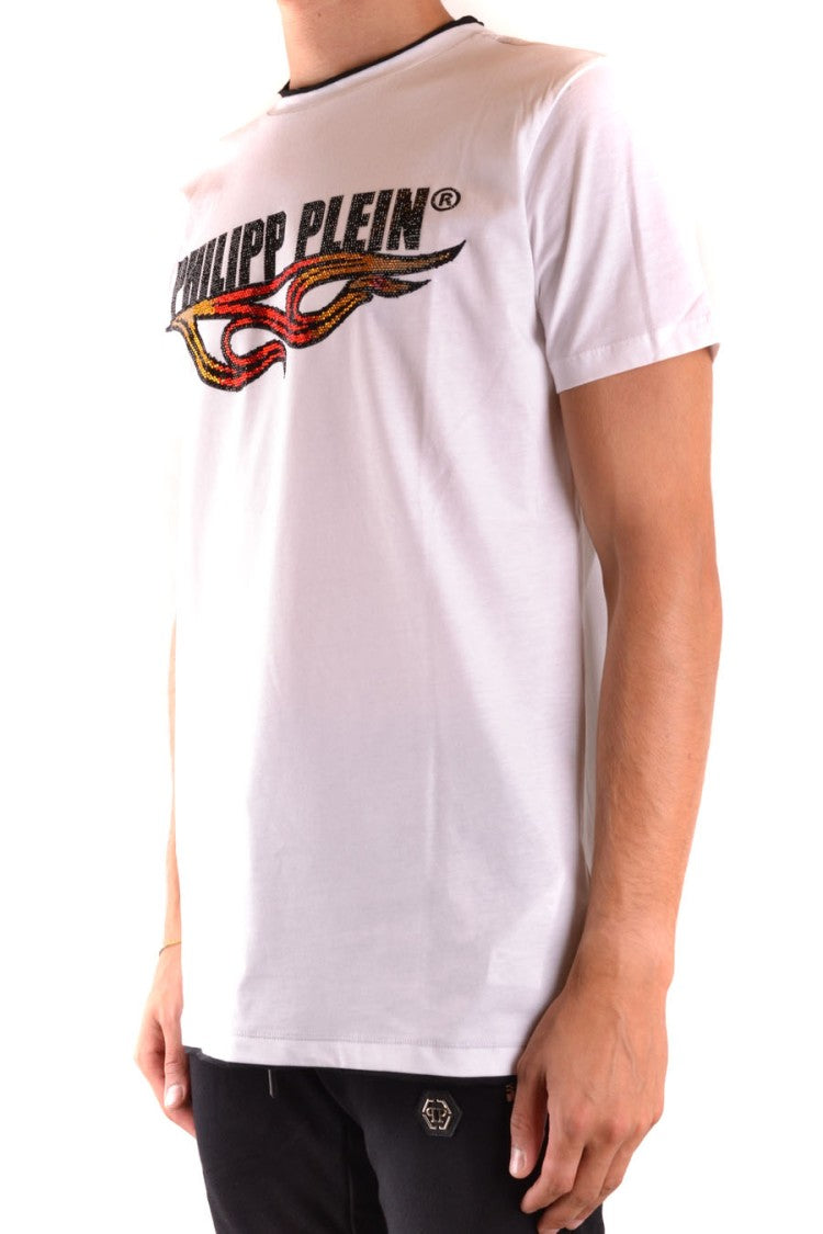 Philipp Plein Graphic White T-Shirt With Flame Motifs