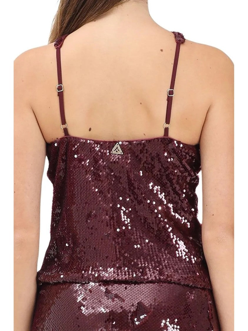 Akep Crimson Sequin Top With Crisscross Halter Neckline