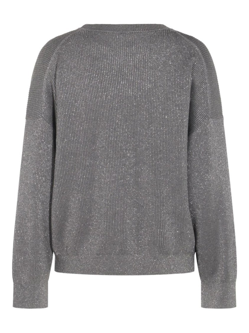Brunello Cucinelli Relaxed Fit Grey Sweater With Subtle Shimmer And Ribbed Detailing