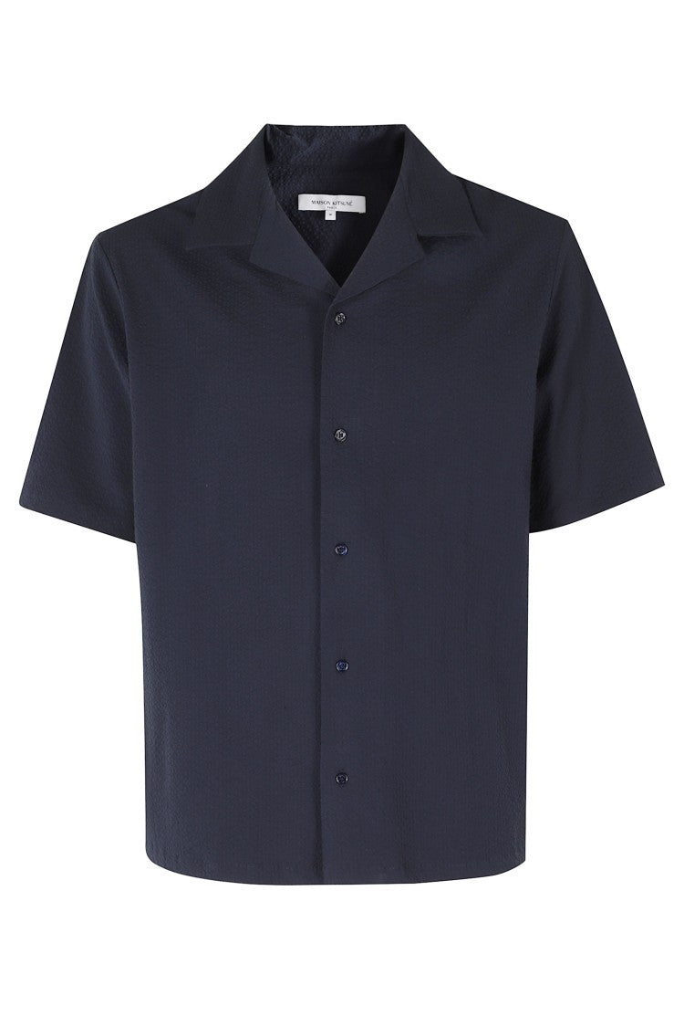 Maison Kitsuné Navy Blue Seersucker Camp Collar Cotton Resort Shirt