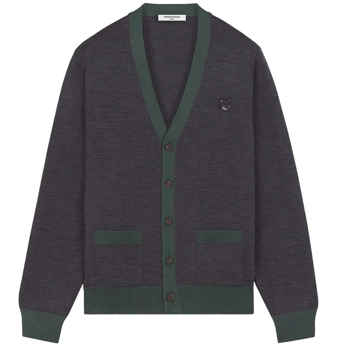 Maison Kitsuné Wool Cardigan With Deep V-Neckline And Embroidered Emblem