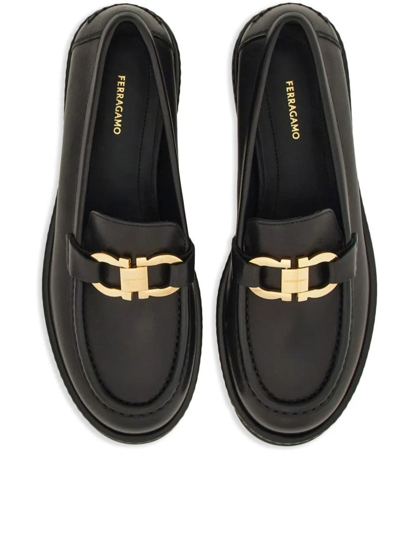 Salvatore Ferragamo Black Maryan Lug Leather Lug Sole Flats