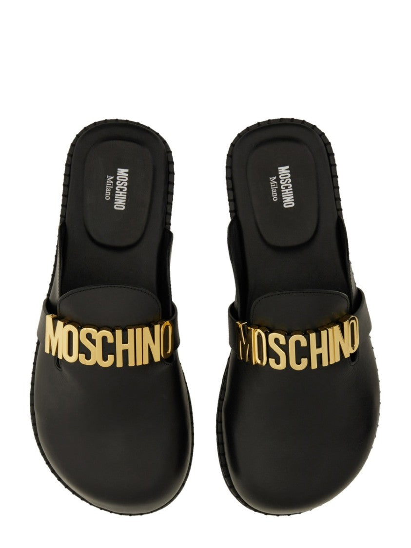 Moschino Black Leather Sandal With Bold Logo