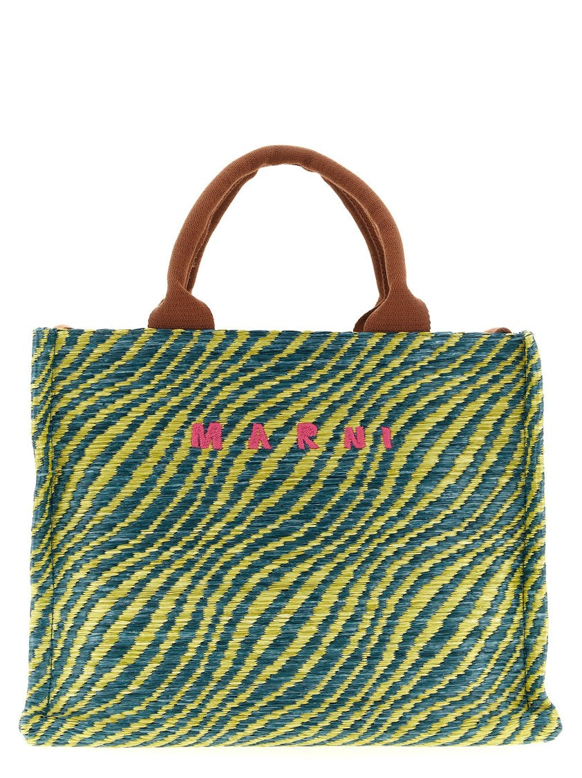 Marni Two-Tone Woven Raffia Handbag With Embroidered Logo