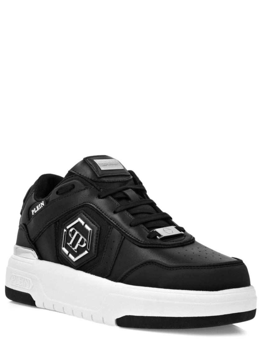 Philipp Plein Low-Top Black Polyurethane Sneakers With Hexagonal Logo