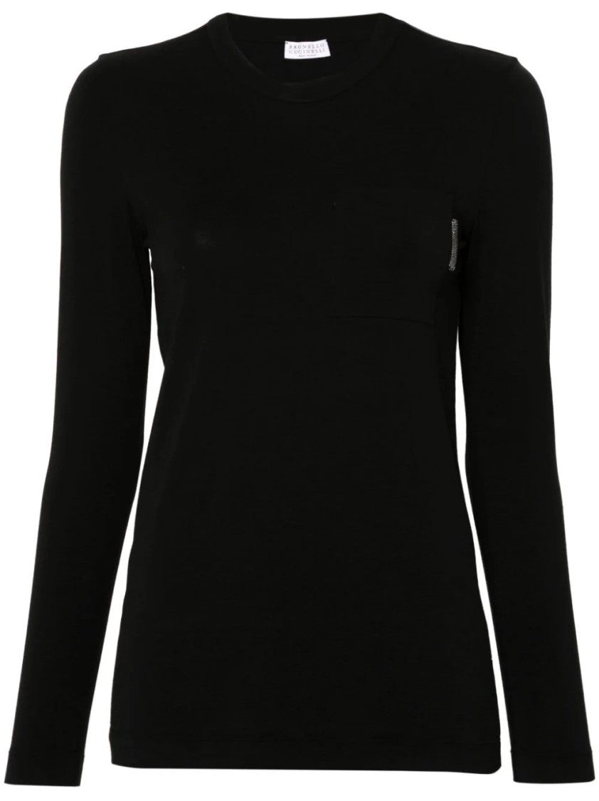 Brunello Cucinelli Long-Sleeve Black Top With Classic Crew Neckline