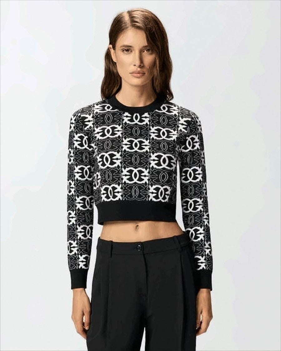 Pinko Cropped Black And White Patterned Sweater
