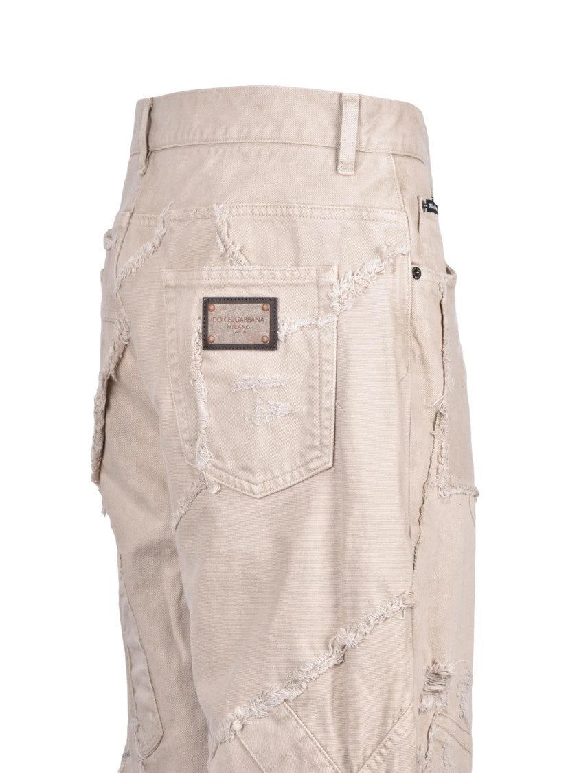 Dolce & Gabbana Beige Patchwork Distressed Cotton Cargo Jeans