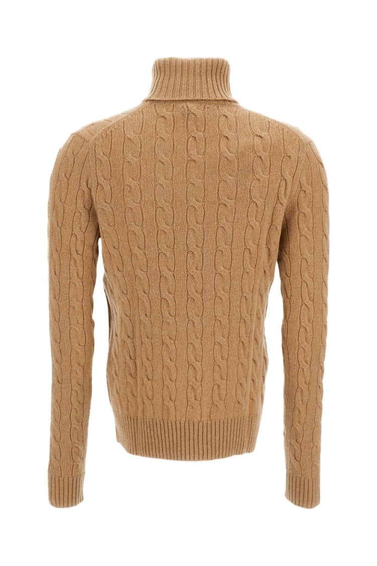 Polo Ralph Lauren Beige Cable-Knit Wool-Cashmere Blend Turtleneck Sweater