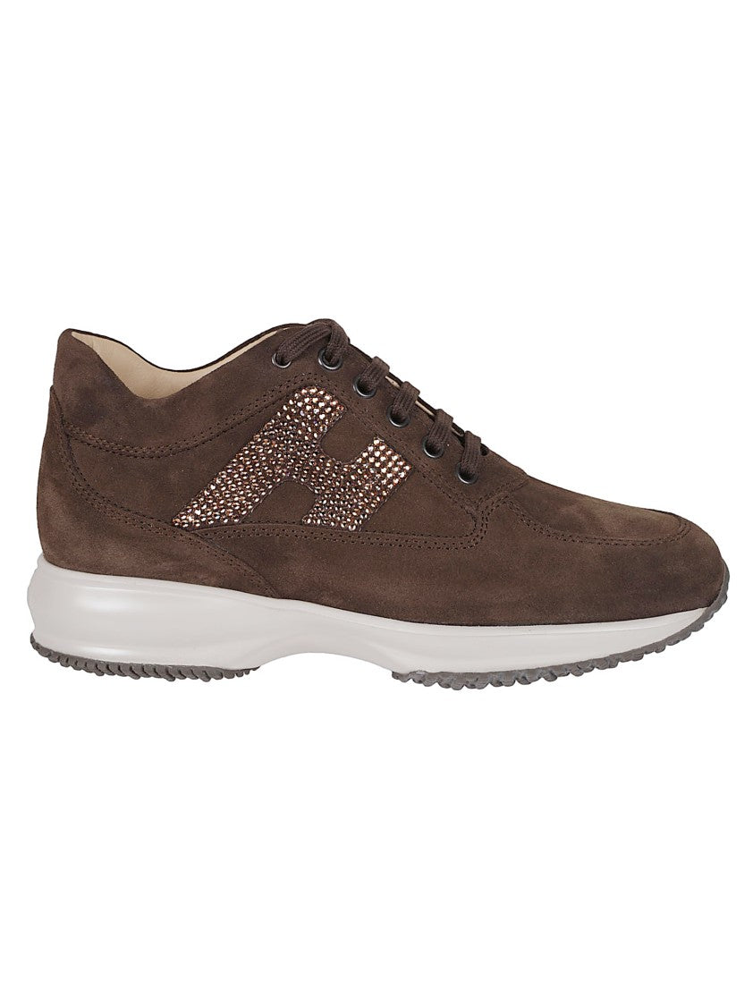 Hogan Chocolate Suede Sneakers With Rhinestone Logo